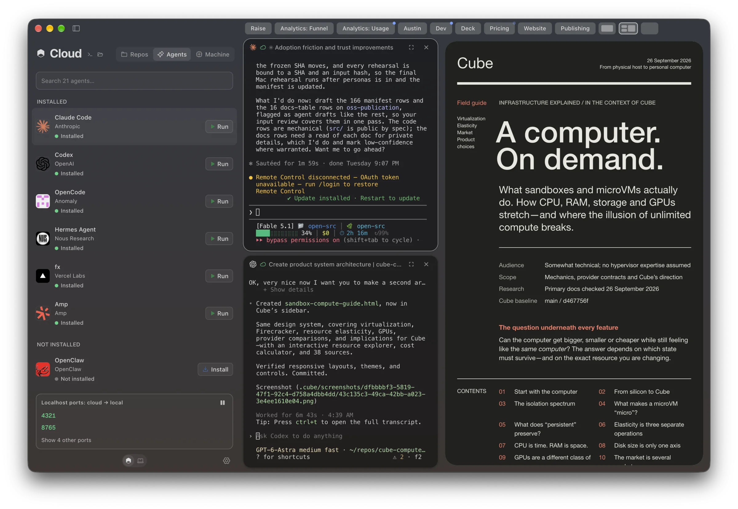 Cube’s Agents view: Claude Code, Codex, OpenCode, Hermes Agent, fx and Amp installed, OpenClaw ready to install, beside two agent sessions