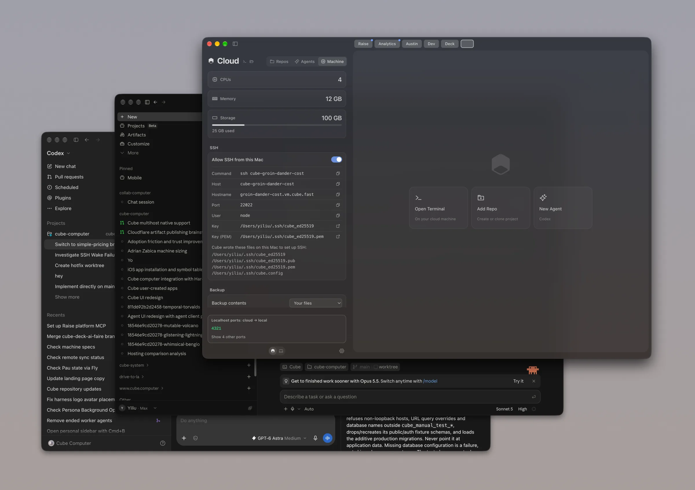 The Cube app showing a cloud machine with 4 CPUs, 12 GB of memory and 100 GB of storage, in front of Codex and a Claude Code session
