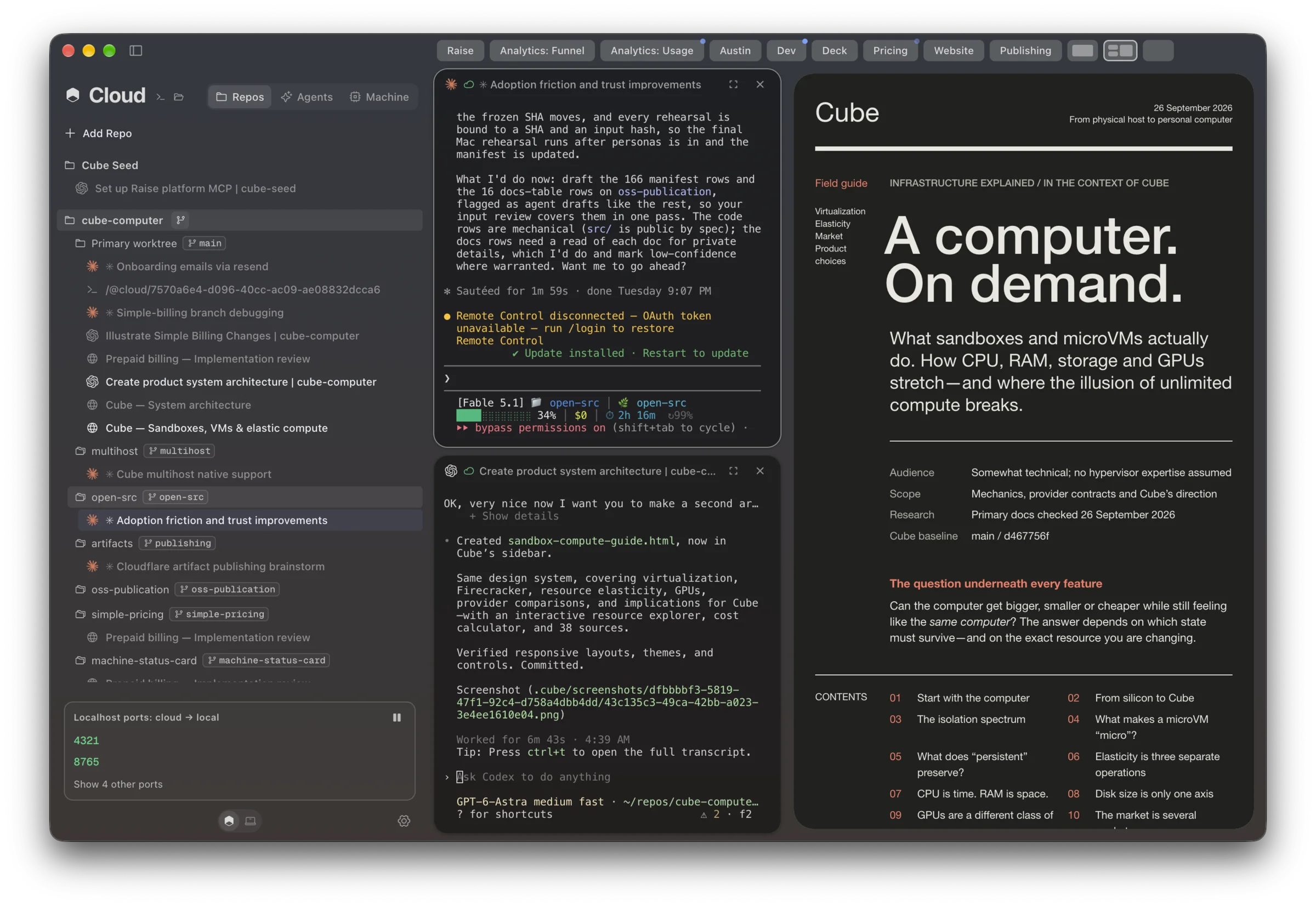Cube’s Repos view: repositories with their worktrees and sessions in the sidebar, beside two agent sessions and an open artifact