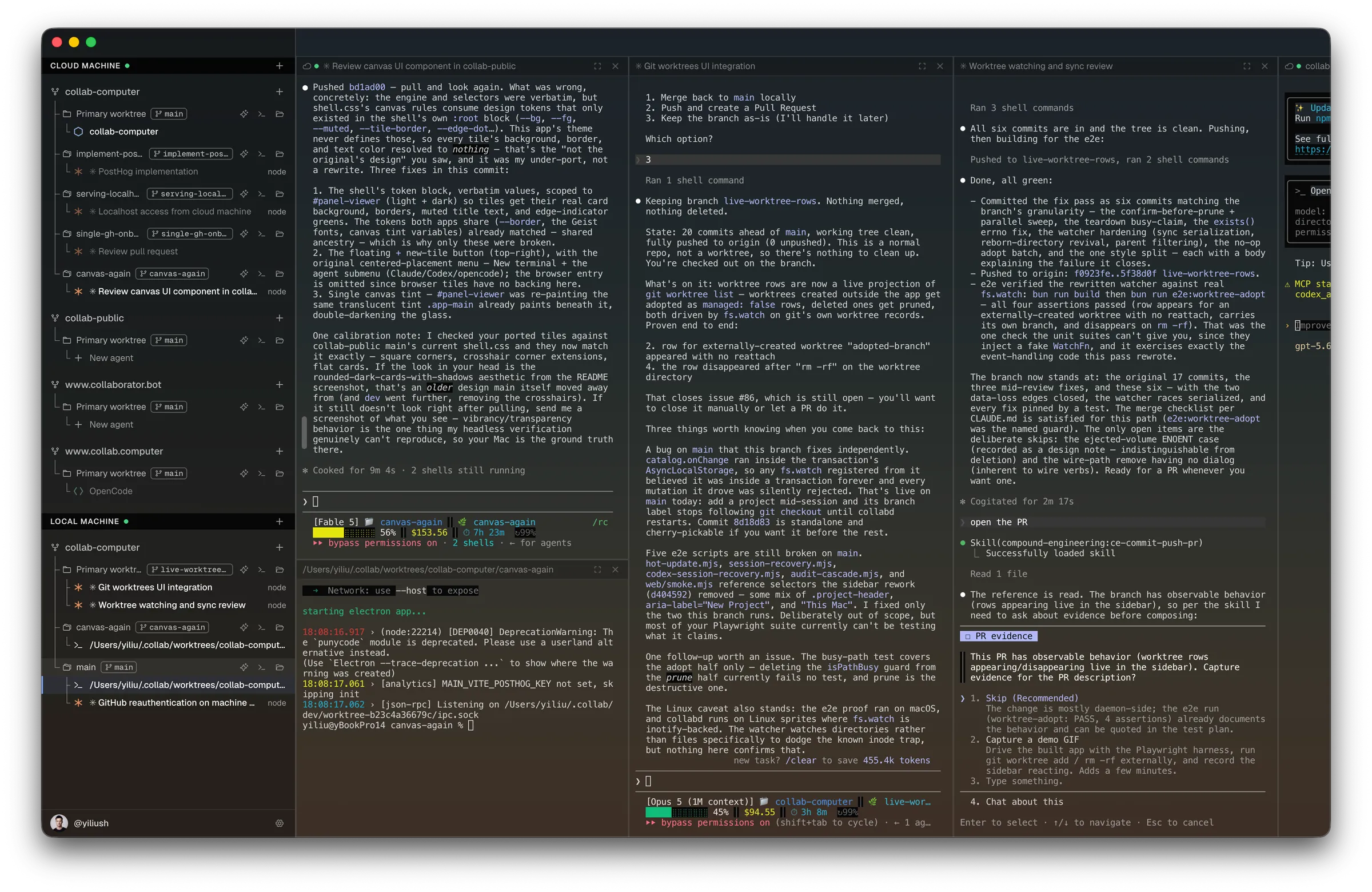 Cube: cloud and local machines in the sidebar, each with worktrees and running agents, beside a rail of agent sessions