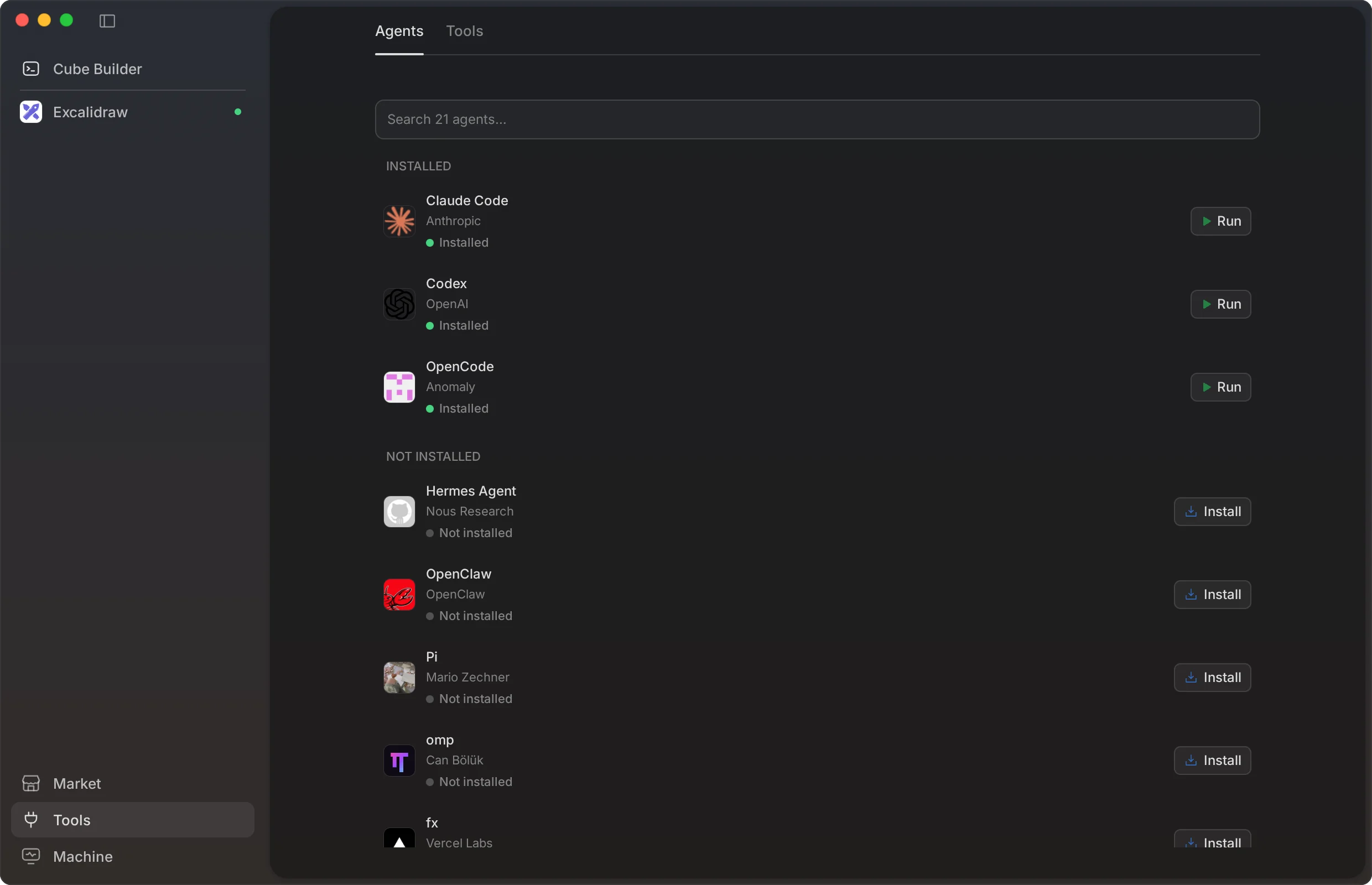 The Tools screen: Claude Code, Codex and OpenCode installed with a Run button each, and more agents ready to install
