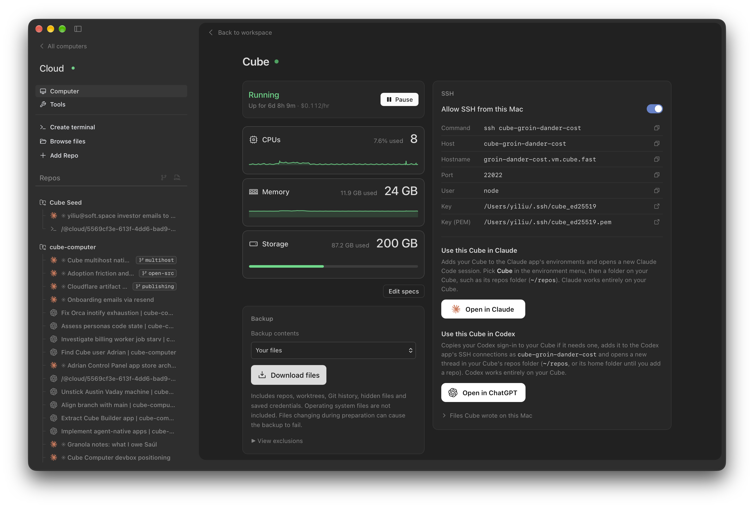 Cube’s Machine page showing CPU, memory, storage, and SSH controls beside the repository sidebar