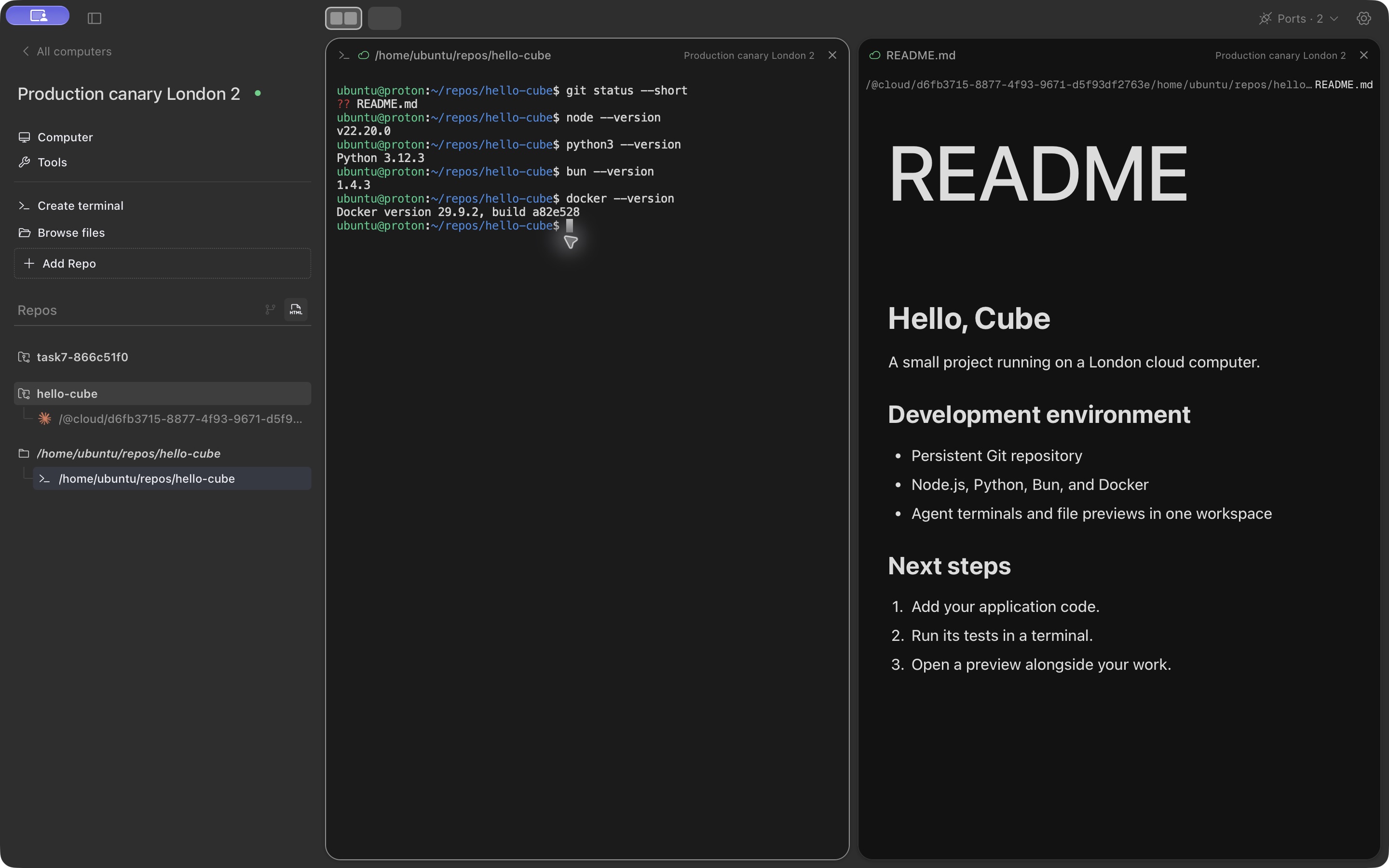 Cube’s cloud workspace showing a project repository, terminal, and README preview side by side